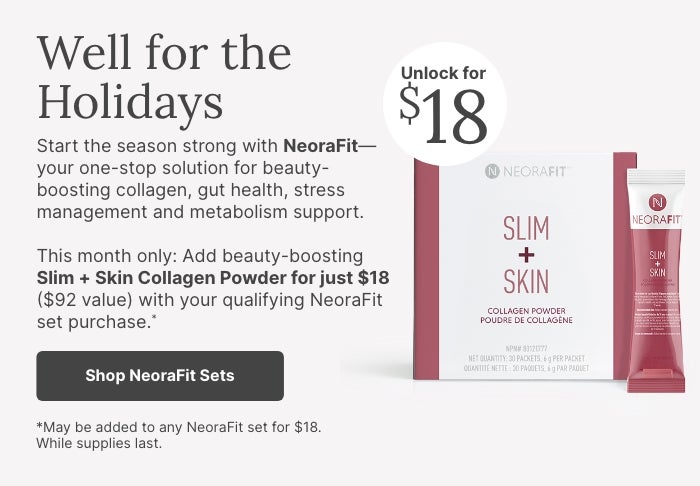 Holiday wellness promotion with a NeoraFit Plant-Based Protein Powder bag shown with a filled shaker bottle. Limited-time $15 offer ($83 value) when purchased with qualifying NeoraFit sets.